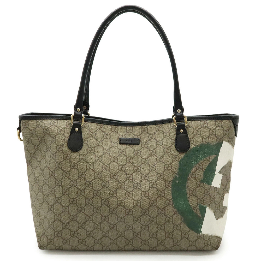 Gucci GG Supreme Interlocking G Tote Bag Shoulder Leather Beige Cream Black